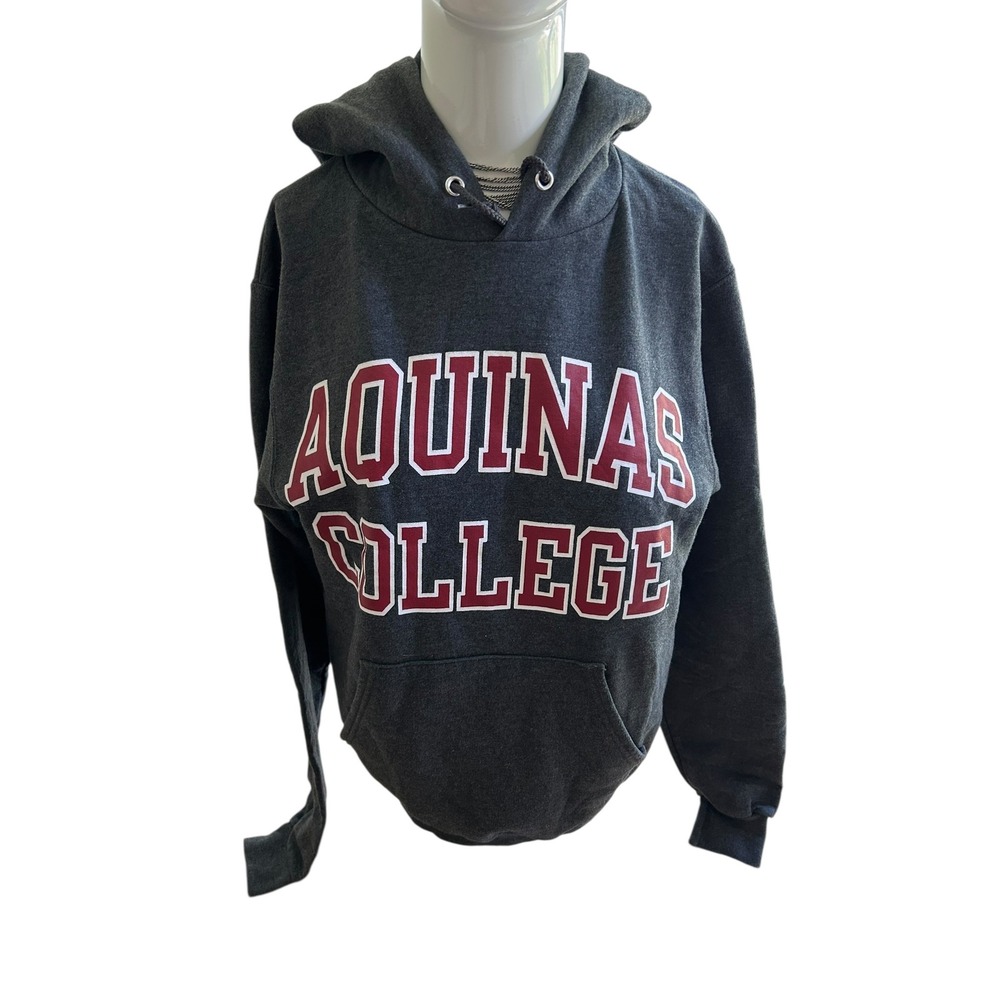 Champion Aquinas College Grand Rapids MI hoodie gray‎ with front hit sz XS